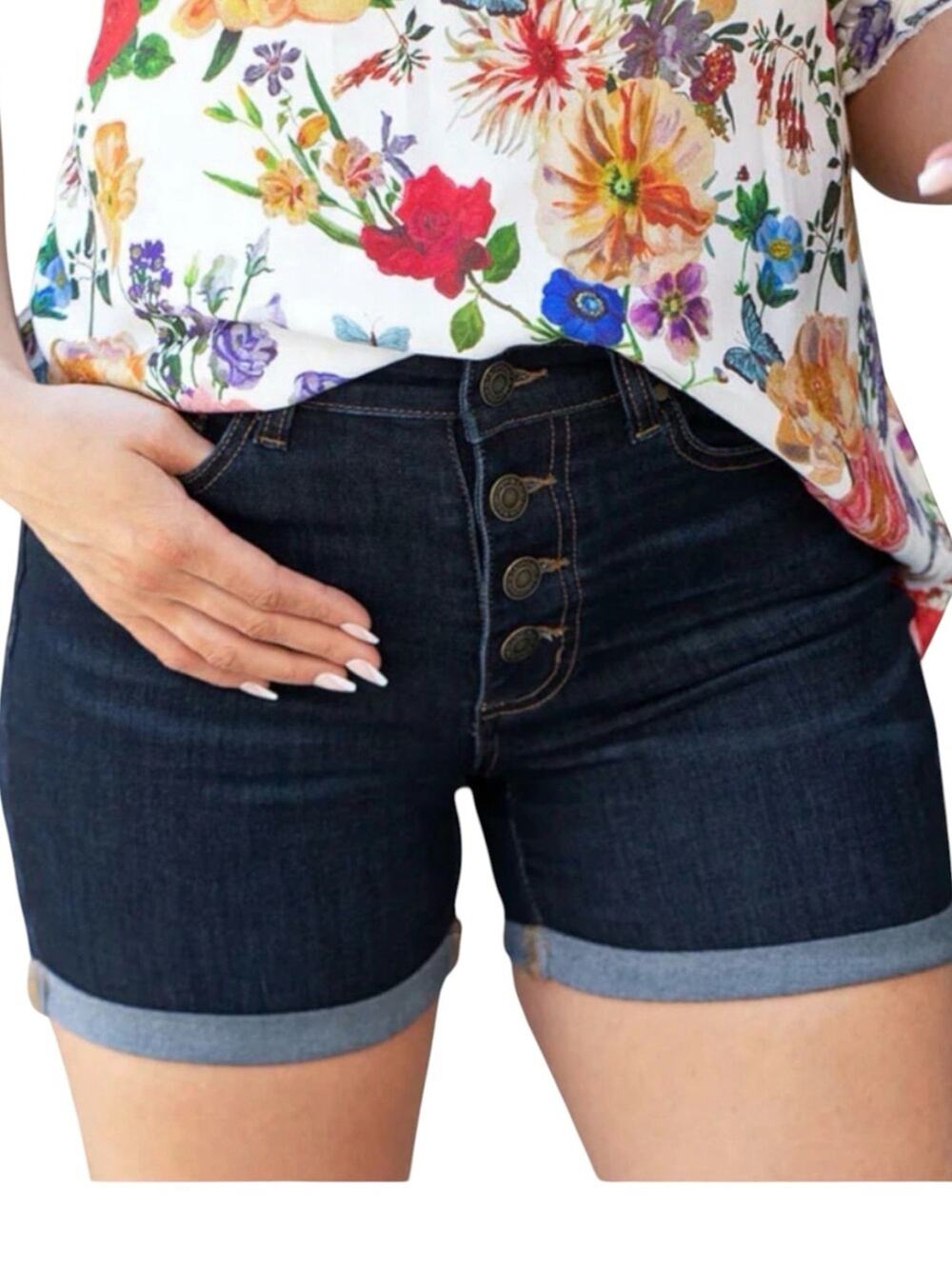 !IT. Helena High Rise Dark Indigo Button Fly Rolled Cuff Denim Shorts Sz 10